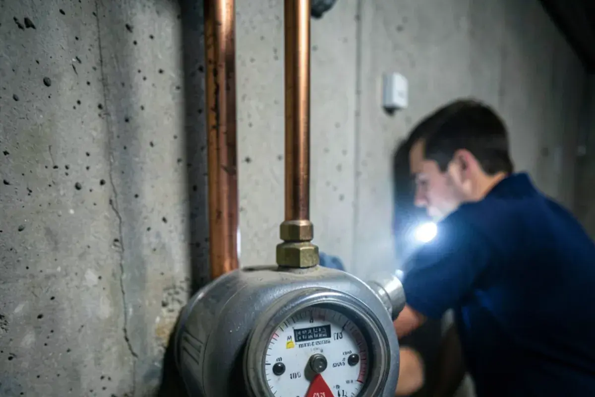 Residential water meter on a basement wall with its low-flow indicator turning while all taps are off