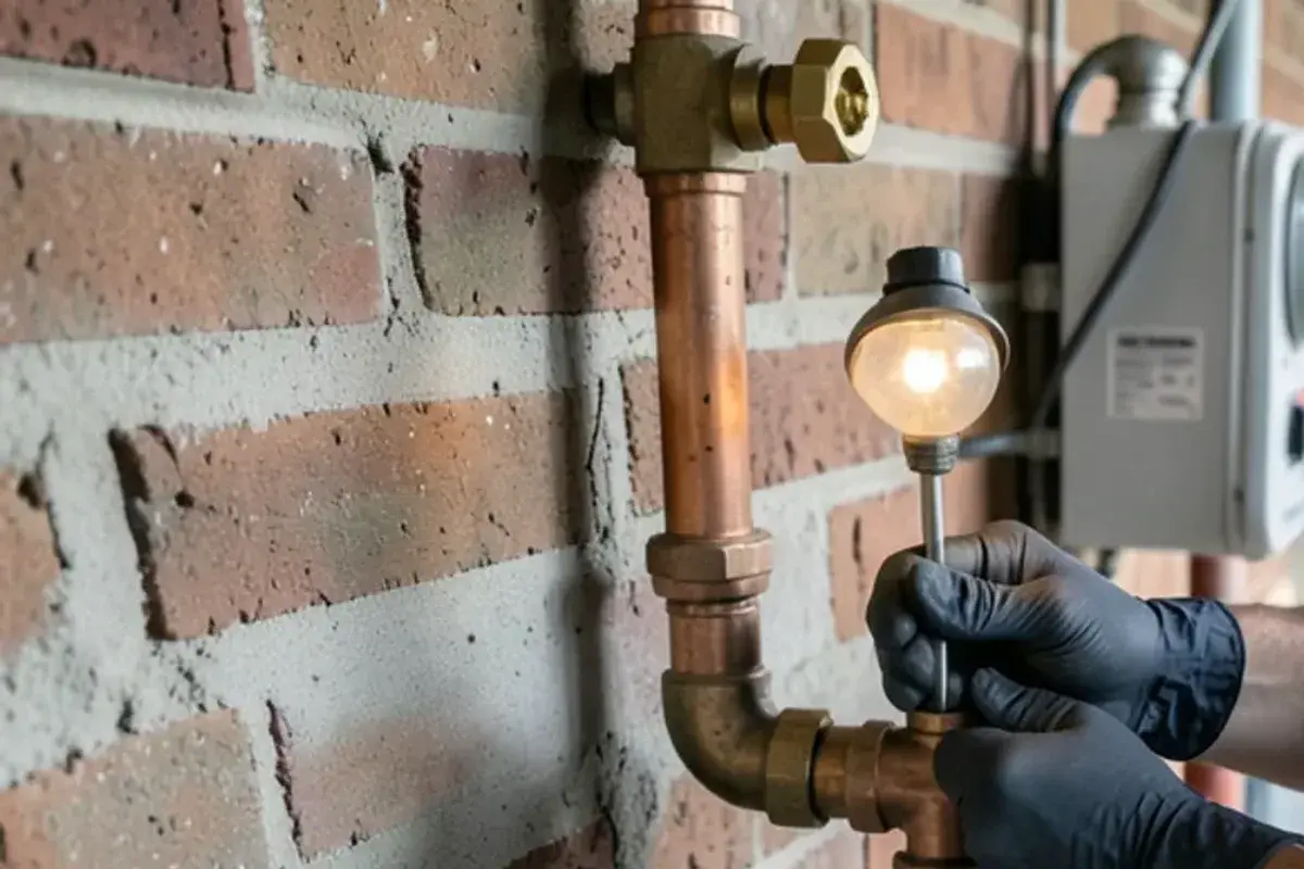 Copper water service pipe entering through a basement wall below the main shutoff valve