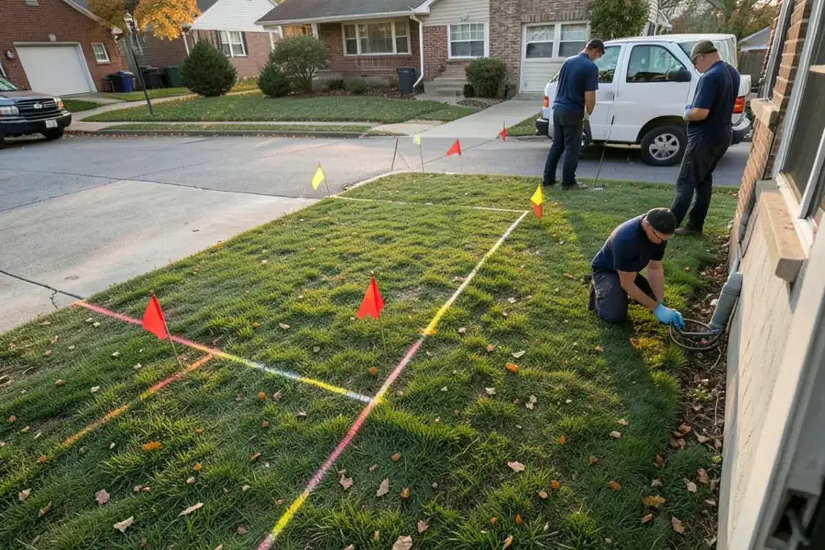 Colored utility marking flags and spray paint lines across a front lawn before water line digging