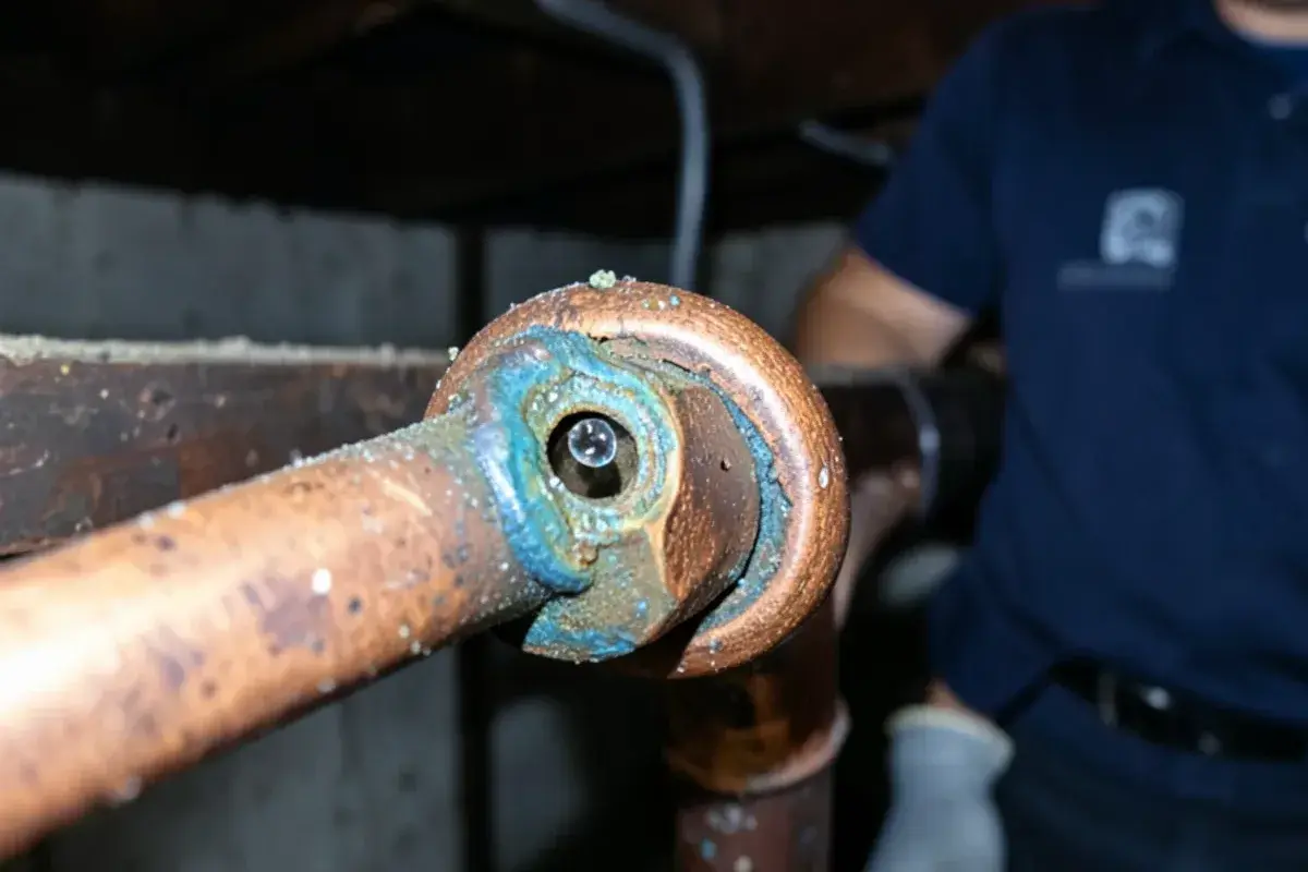 Bead of water and blue-green crust at a pinhole on a copper elbow