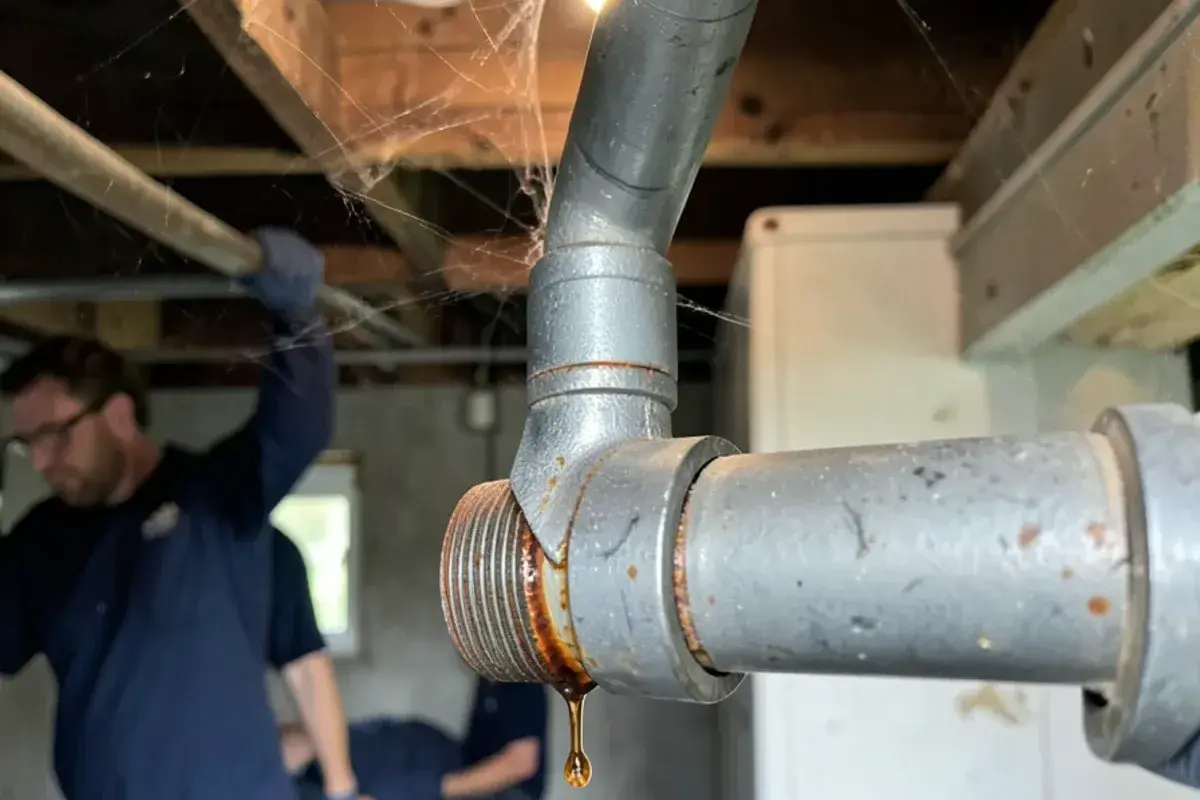 Rust-colored water weeping from a threaded joint on old galvanized steel water pipe