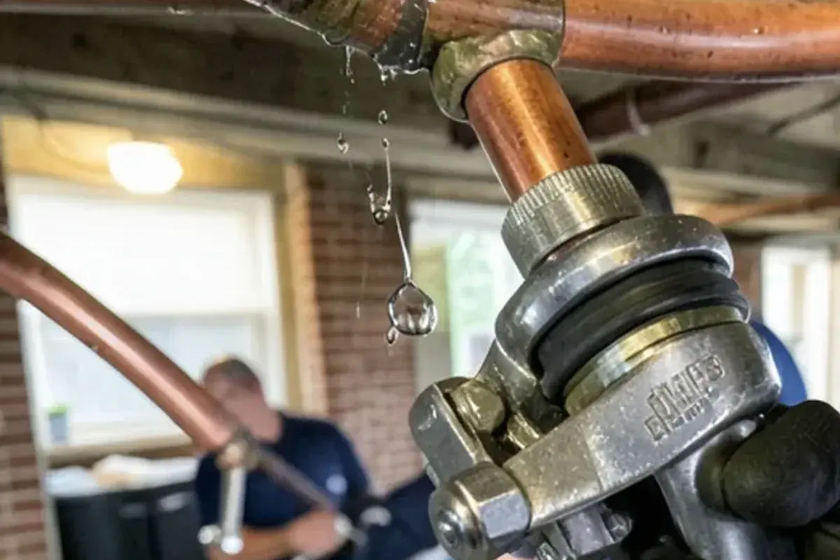 Stainless steel repair clamp bolted over a leak on a copper line as a temporary stop