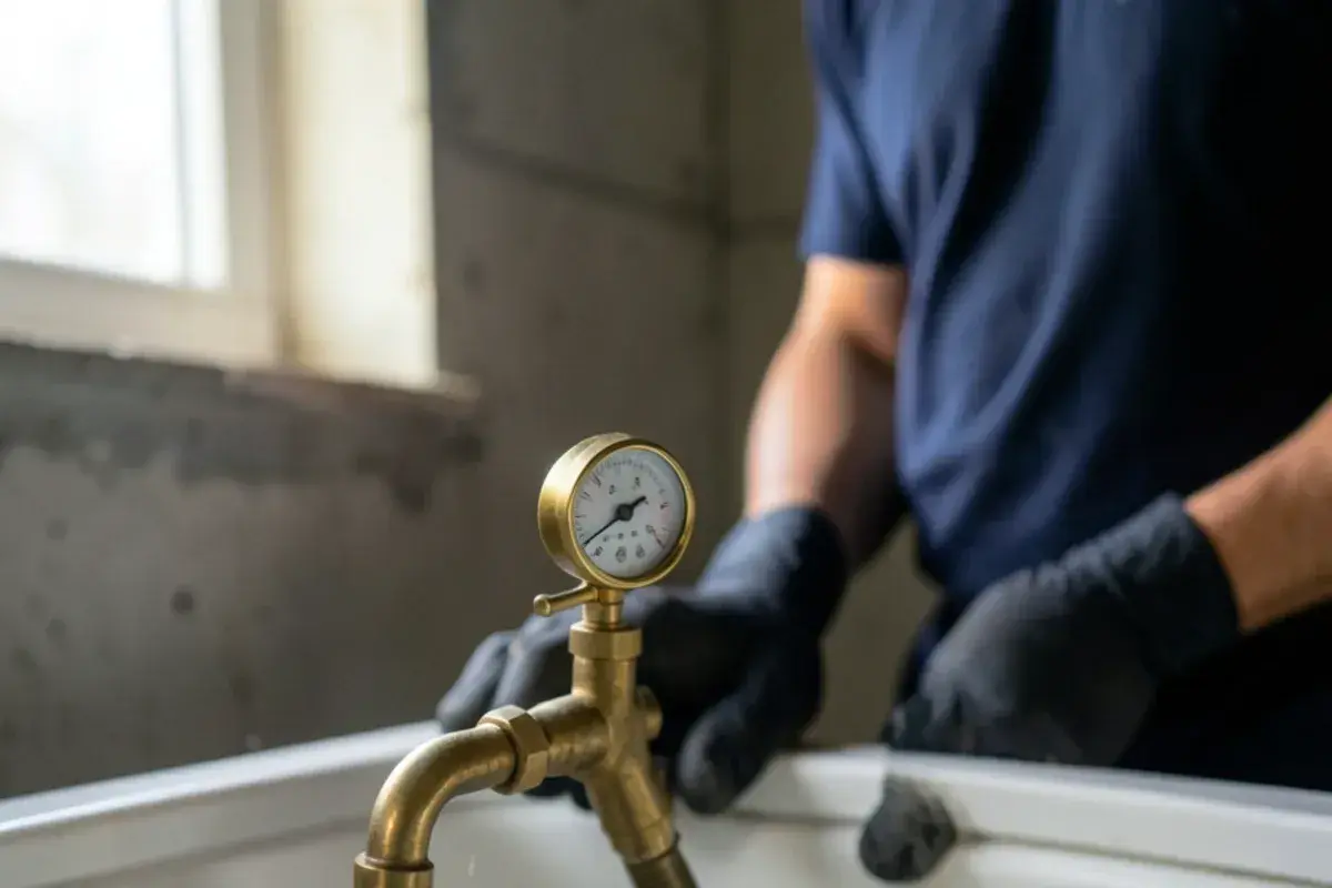 Pressure gauge threaded onto a basement laundry faucet to check static water pressure after a pipe repair