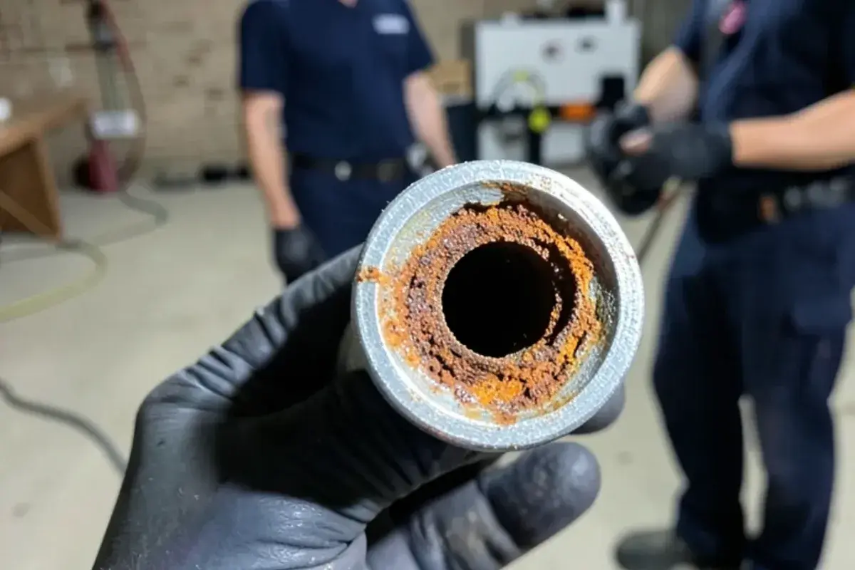 Cut end of an old galvanized water pipe with its inside nearly closed by rust buildup