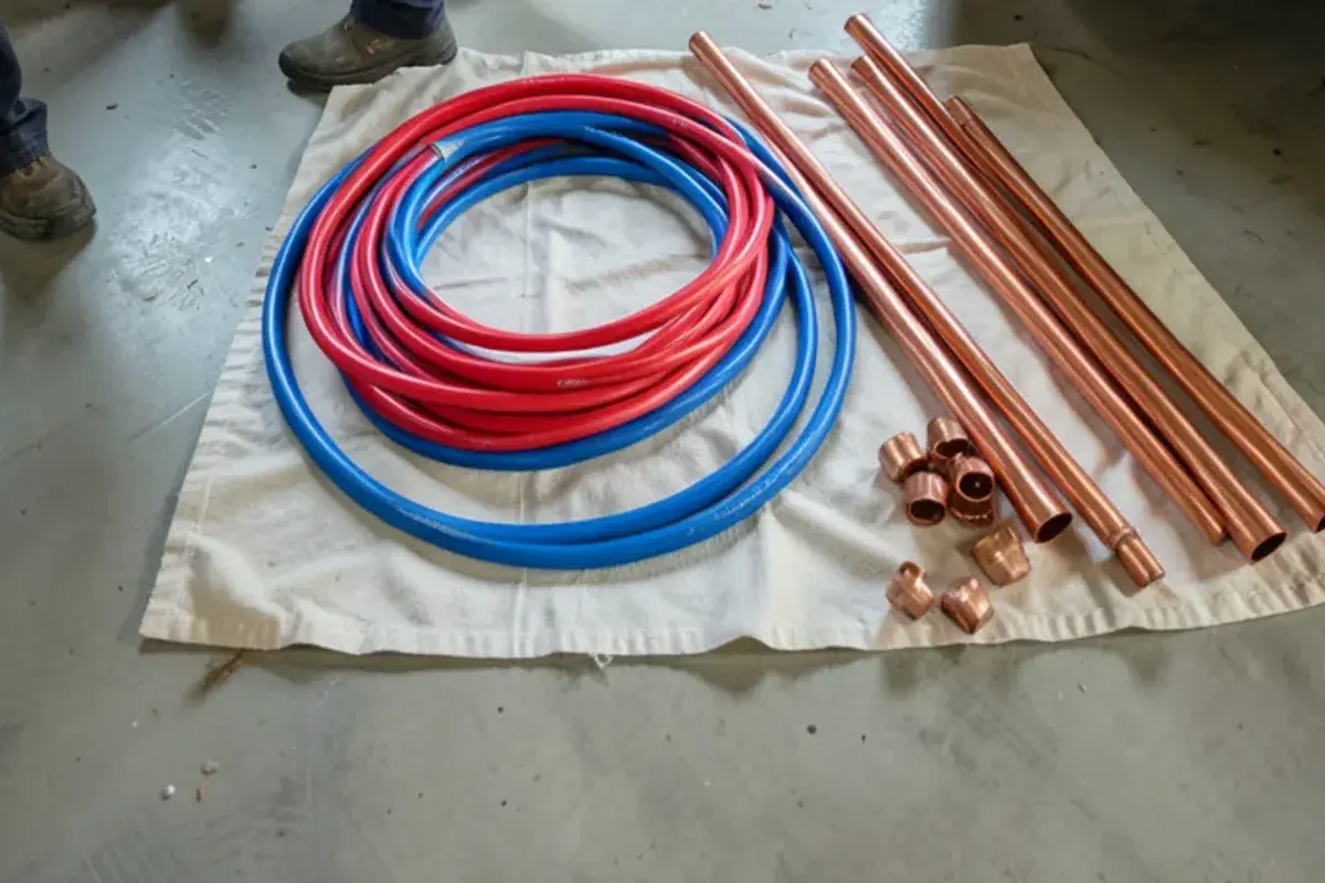 Coils of PEX tubing and straight lengths of copper pipe laid side by side on a drop cloth