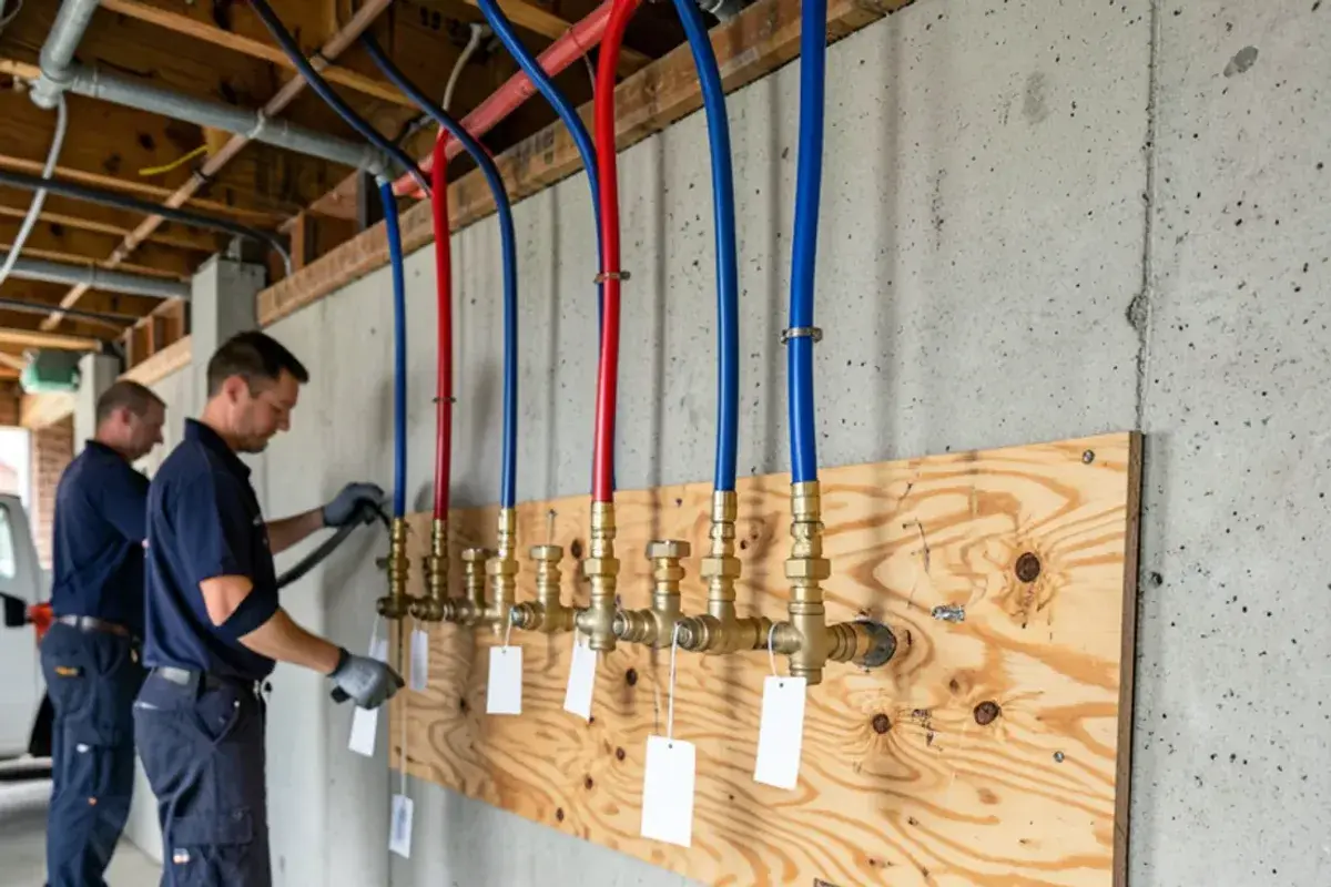 PEX manifold with a row of individual shutoff valves mounted on a basement wall