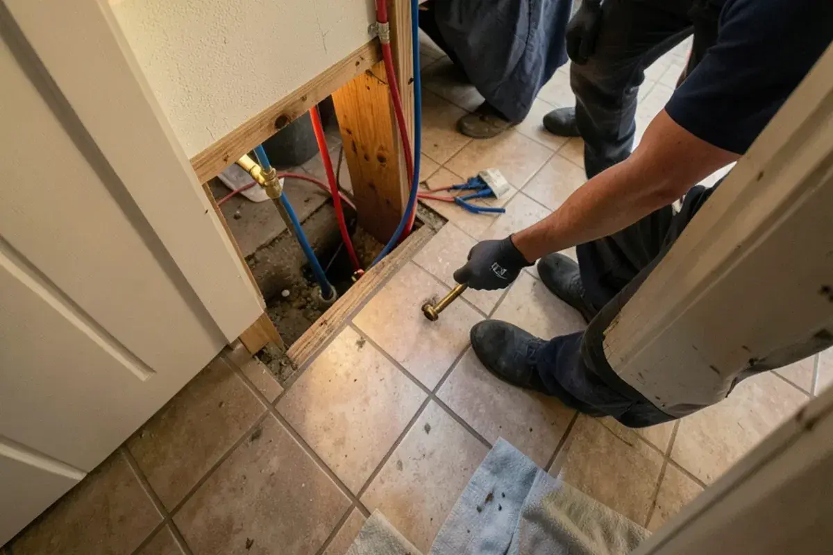 Small drywall opening behind a bathroom vanity showing new PEX supply stubs and a stud