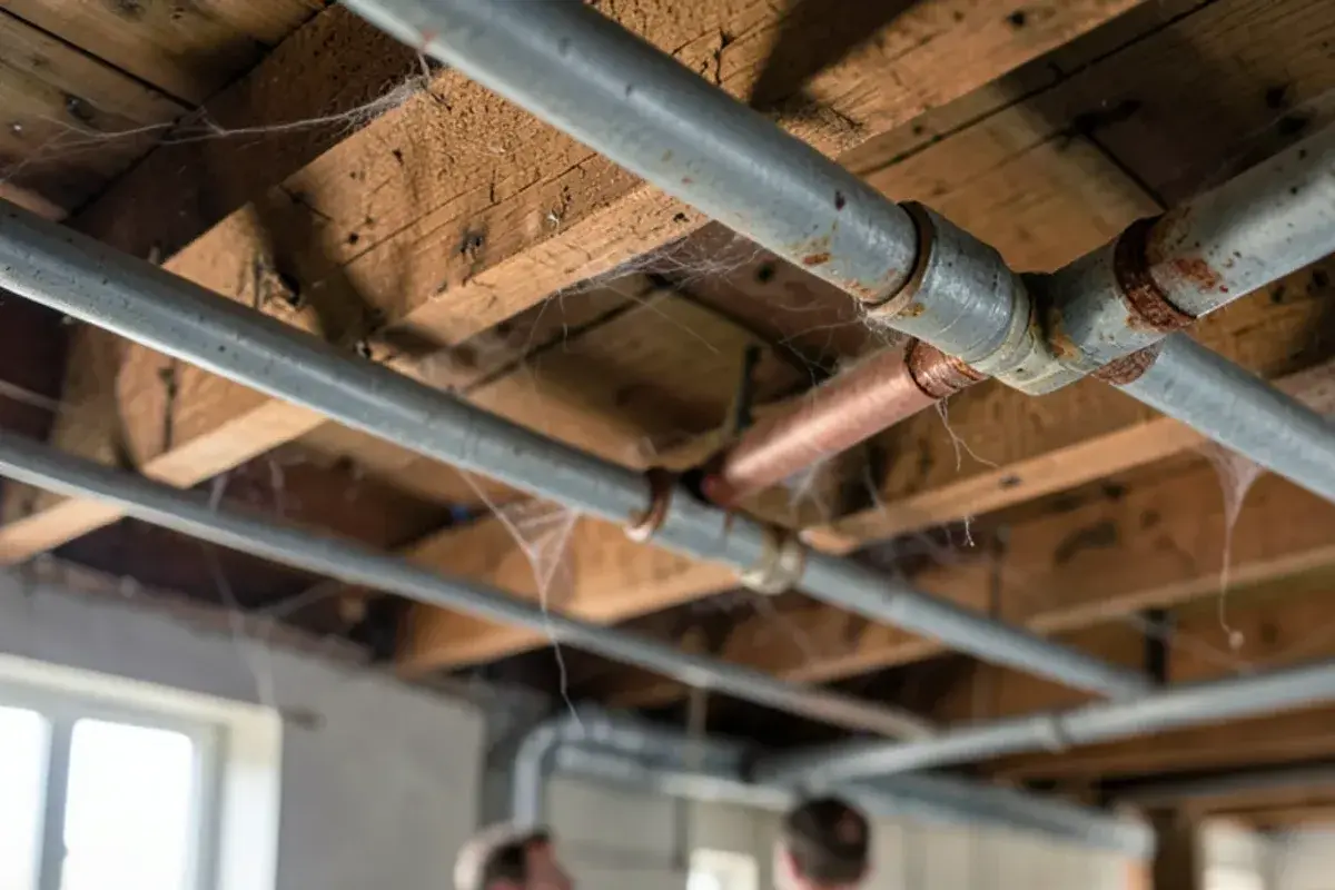 Basement ceiling with old galvanized supply pipes, rust stains and a patched copper section before repiping
