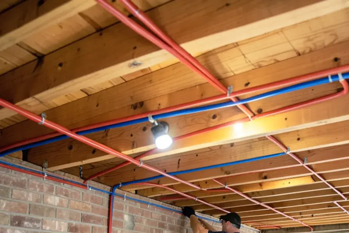 Same style of basement ceiling with neat new PEX lines clipped to the joists after repiping