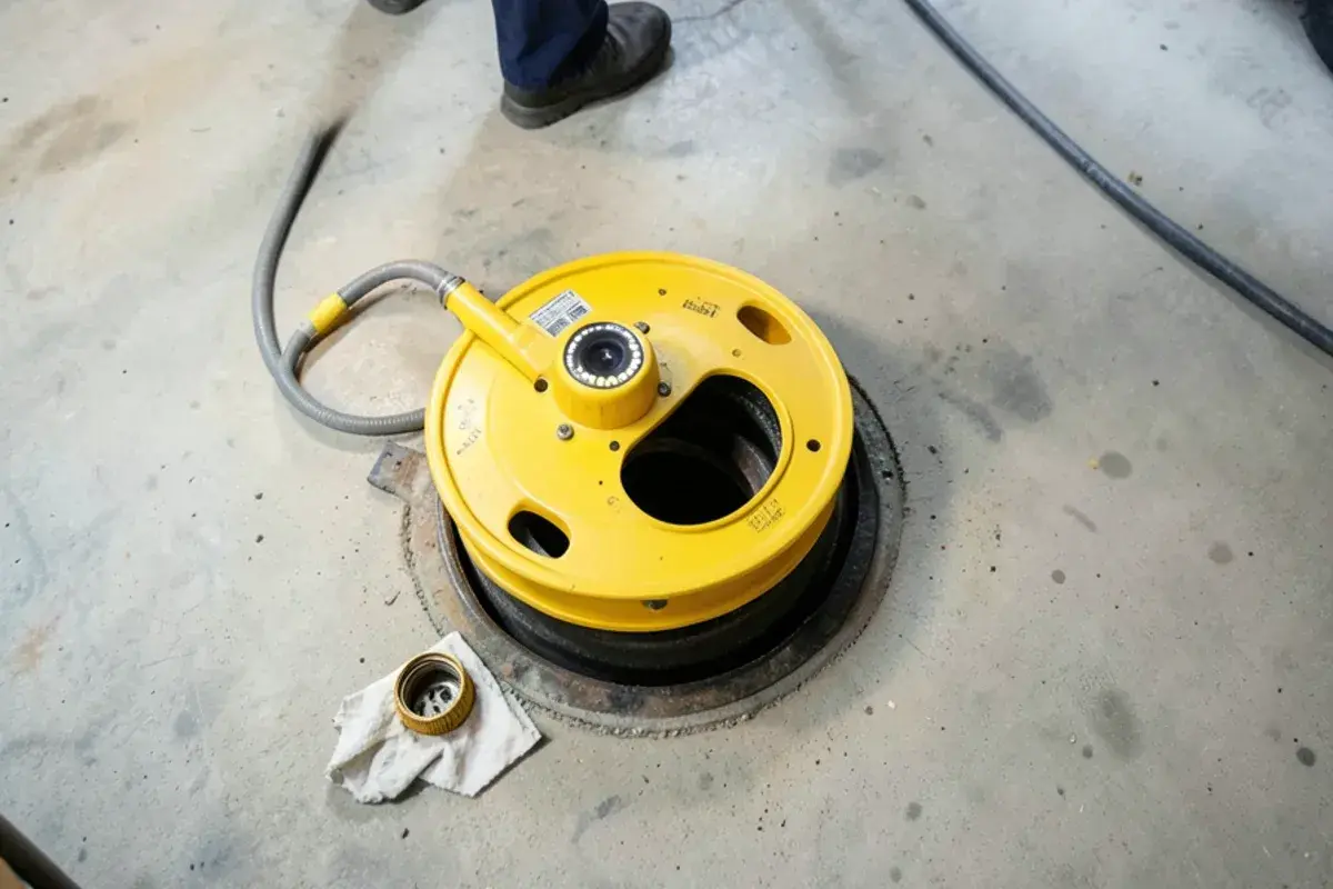 Push camera reel and coiled cable next to an open 4-inch sewer cleanout with the cap removed