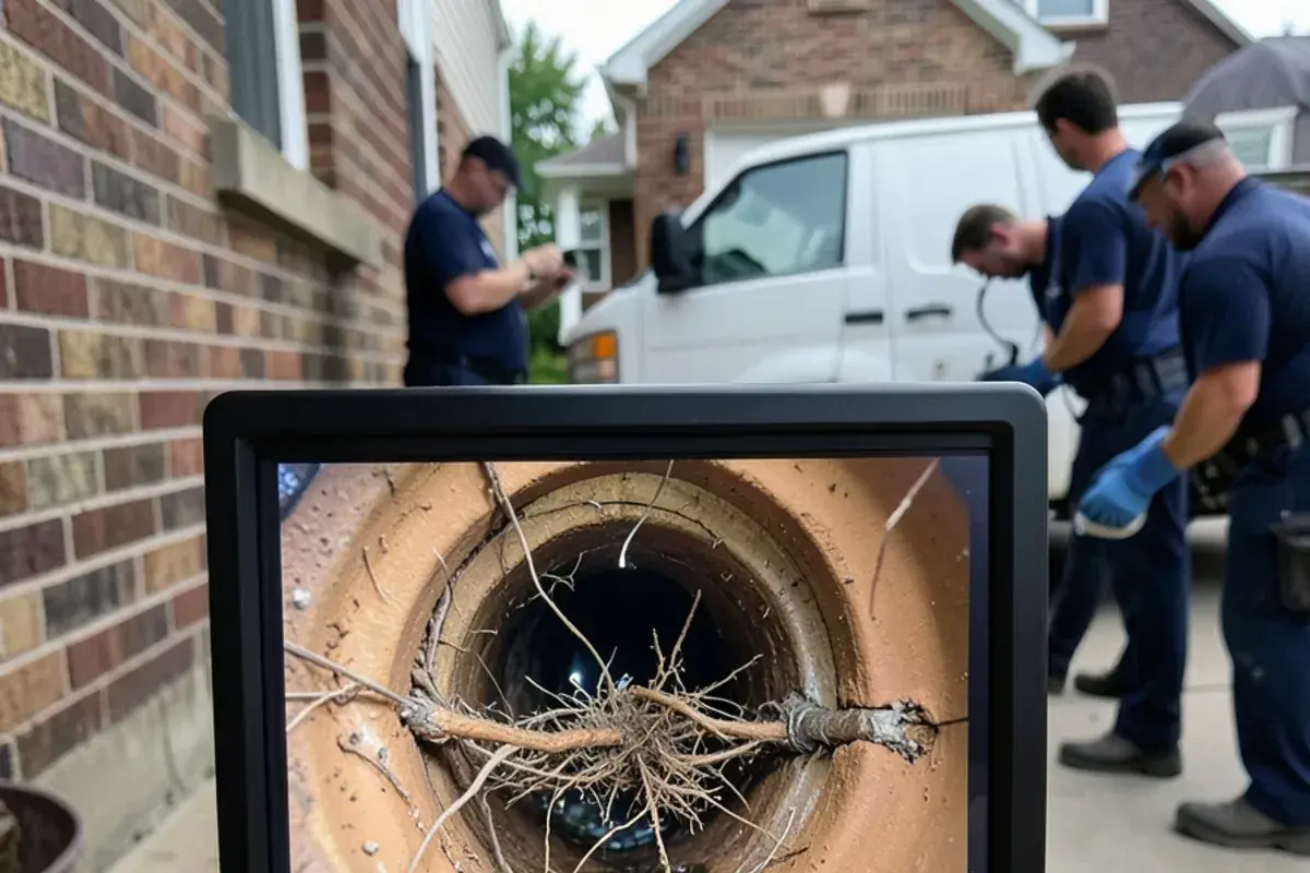Sewer video inspection monitor showing tree roots growing through a clay pipe joint