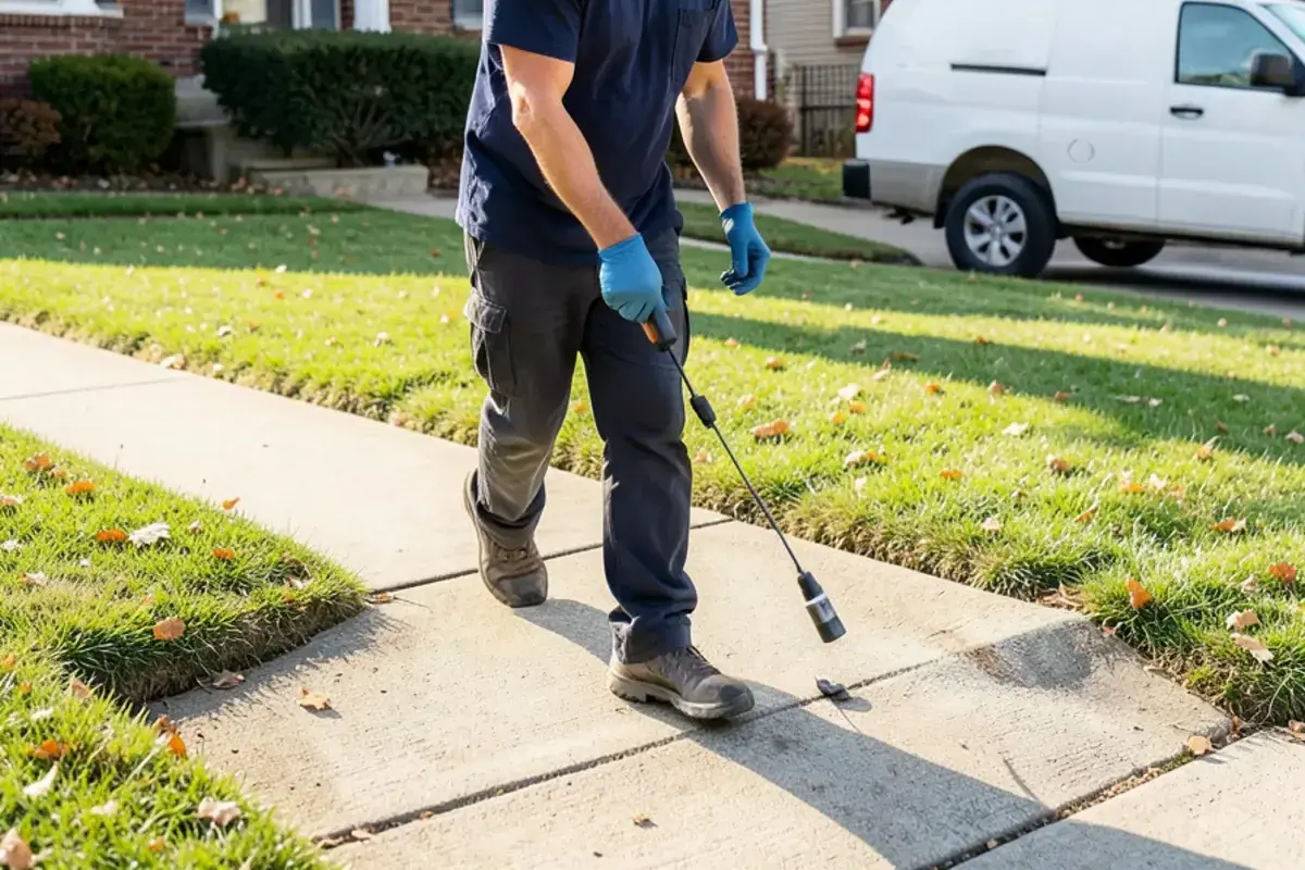 Handheld locator held over a front lawn to find the sewer camera head and the line below