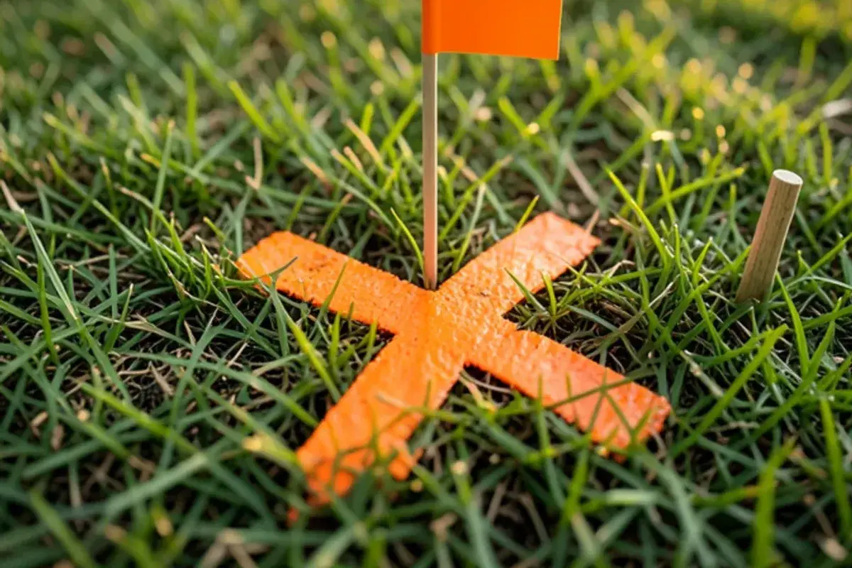 Orange paint mark and a small flag on grass marking a sewer defect found by camera
