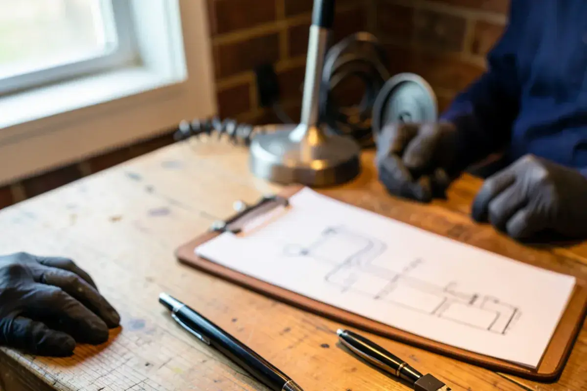 Clipboard of inspection notes and a USB drive on a basement workbench after a sewer line inspection