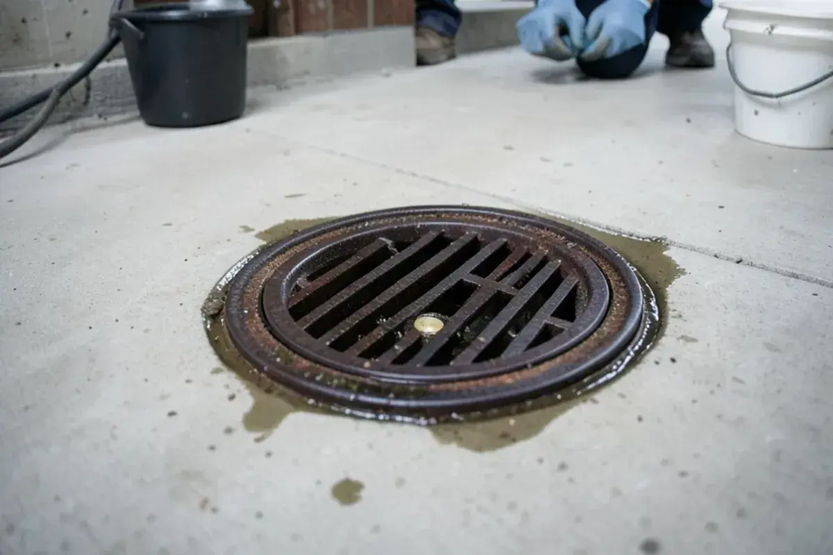 Basement floor drain with dark sewage staining around it after a sewer backup