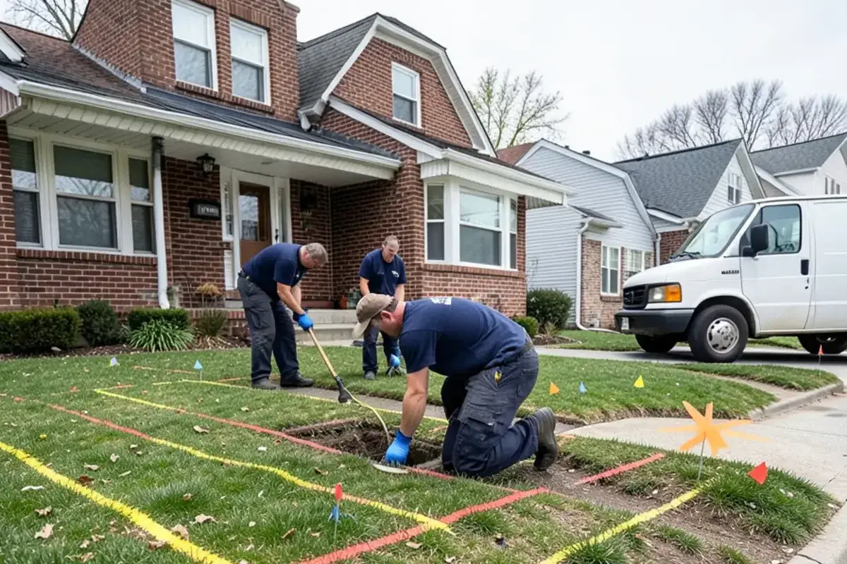 Paint lines and marker flags on a front lawn showing utility locations and the sewer lateral before digging