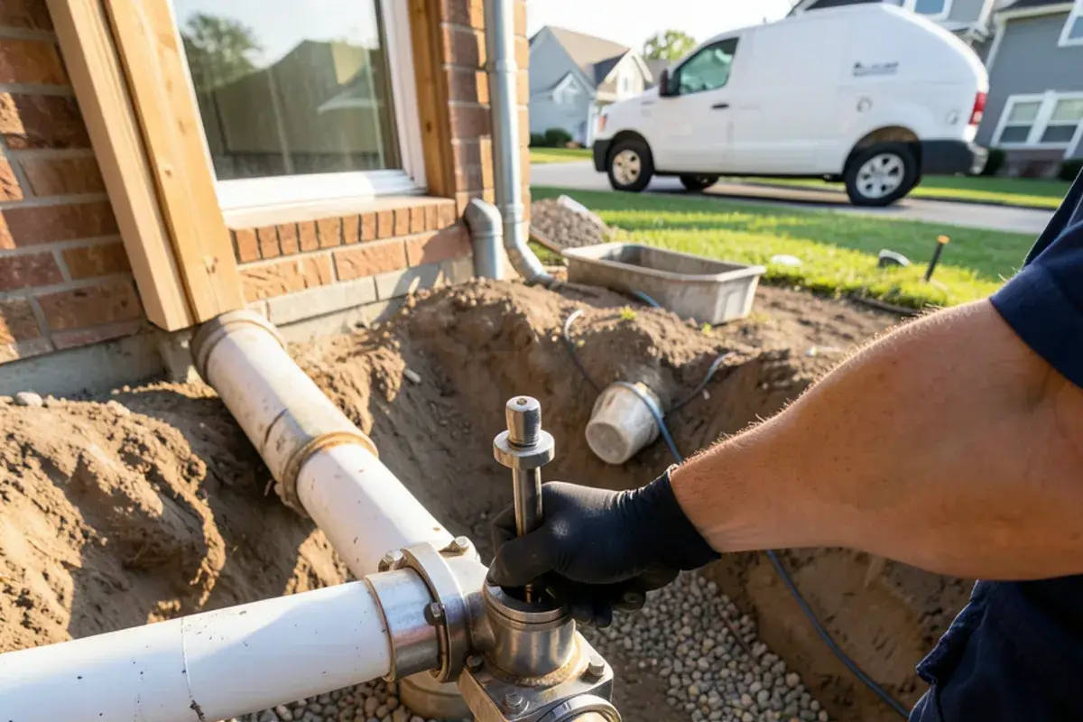 New PVC sewer pipe section connected with stainless steel shielded couplings in an open trench