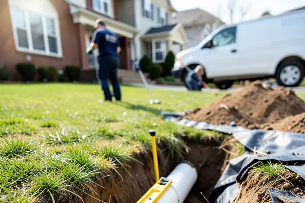 Sewer lateral repair left exposed in the trench with a level resting on the new pipe for inspection