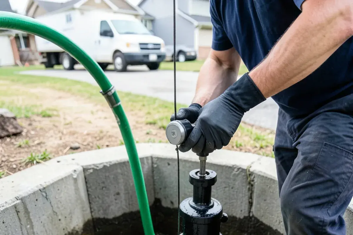 Garden hose filling a sump pit while a gloved hand guides the pump's float switch