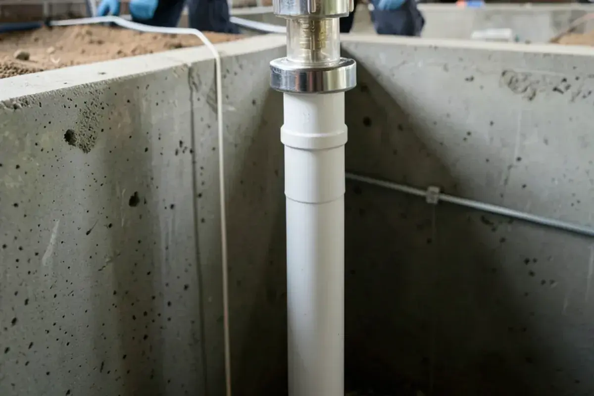 New clear-body sump pump check valve and rubber union on a white PVC discharge pipe