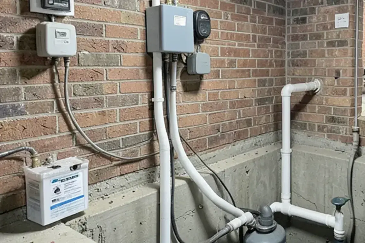 Battery backup sump pump charger and sealed battery case on a basement floor beside the pit