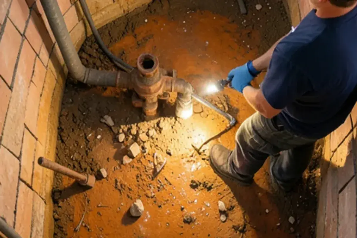 Old crumbling clay-tile sump pit with silt and an aging pump before replacement