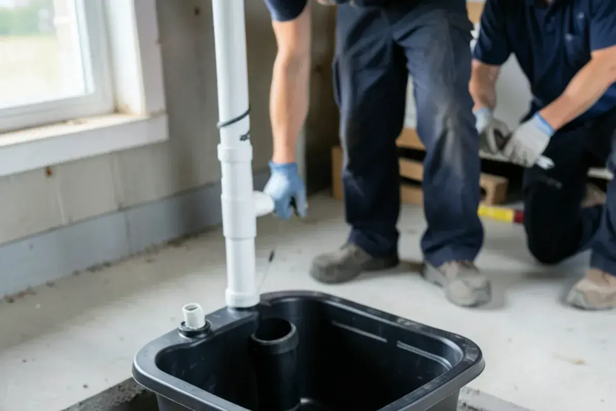 New plastic sump basin liner set in fresh concrete with a sealed lid and pump discharge