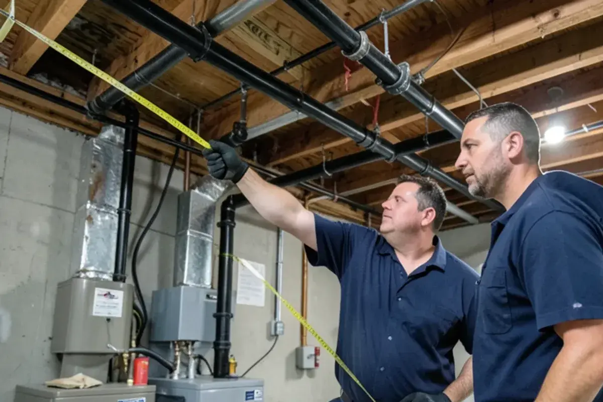 Plumber measuring a black iron gas pipe run along a basement ceiling joist with a tape measure