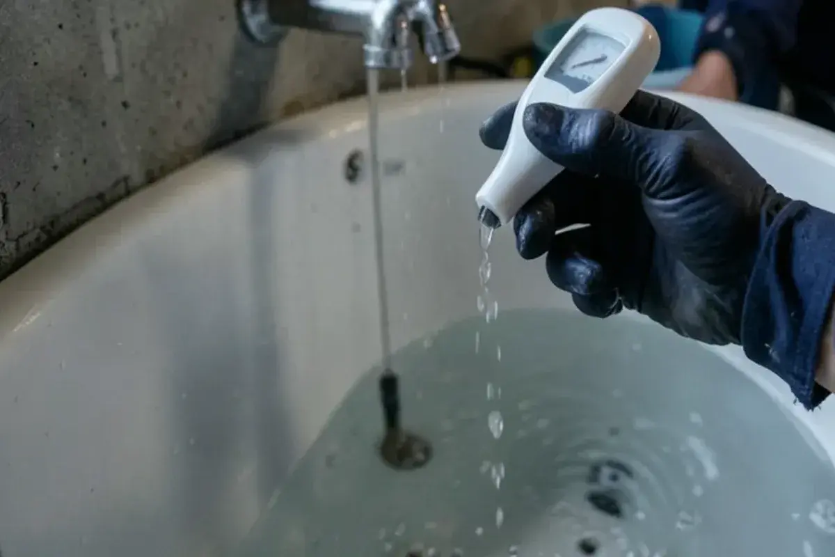 Thermometer held in a stream of cold water from a laundry tub faucet in a basement in winter
