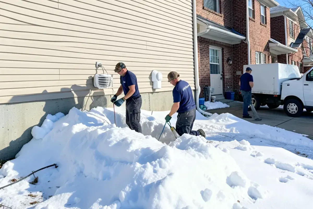 Concentric tankless vent termination on vinyl siding high above a snowbank