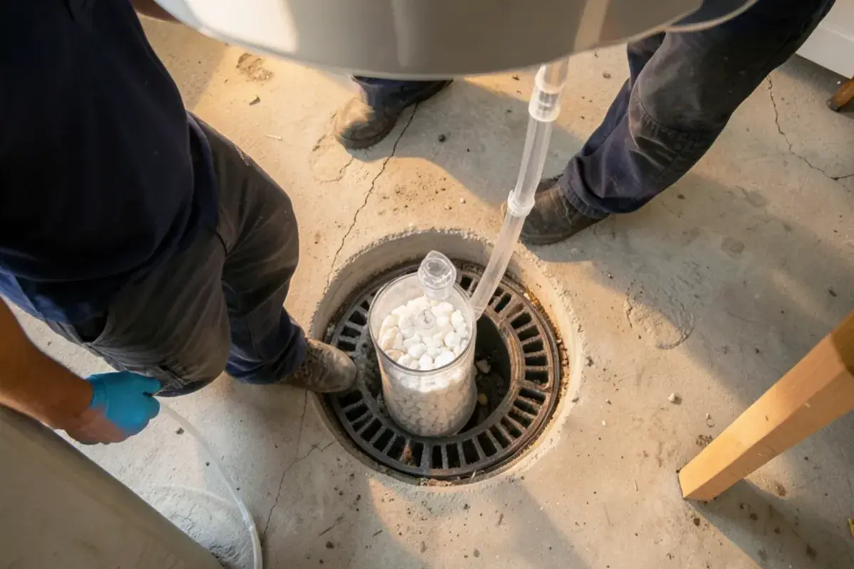 Condensate neutralizer cartridge with clear tubing running from a tankless heater to a basement floor drain