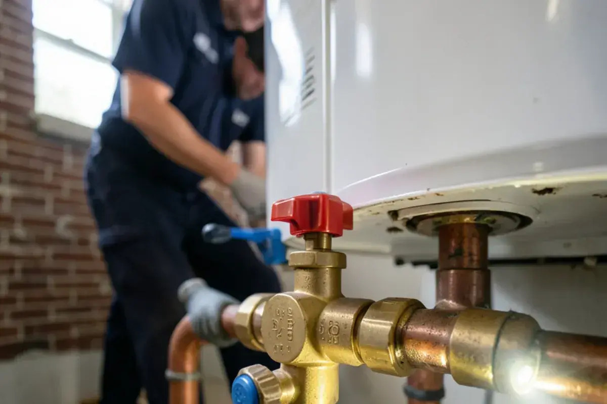 Tankless water heater isolation valve kit with red and blue handles and service ports beneath the unit