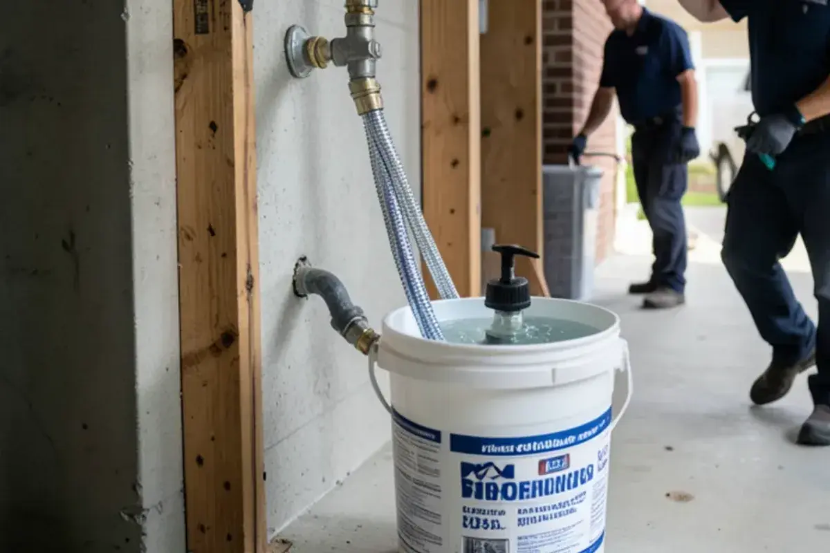 Small submersible pump in a bucket with hoses connected to the service ports of a tankless water heater