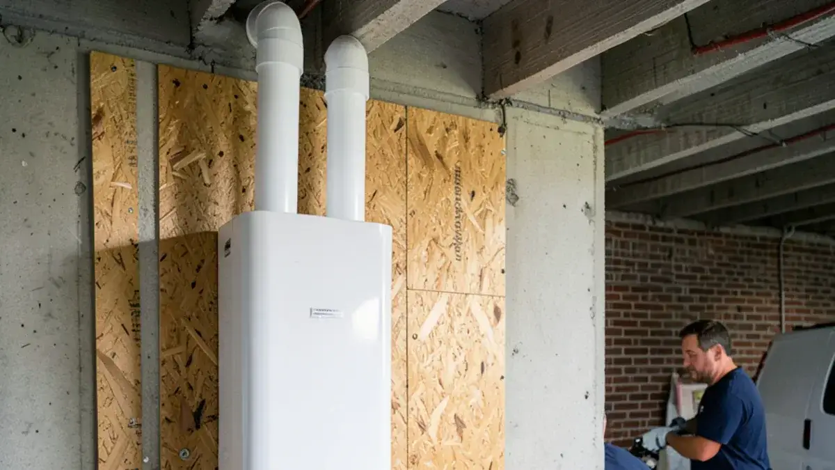 Wall-mounted condensing tankless water heater with white PVC vent pipes on a poured-concrete basement wall in Macomb
