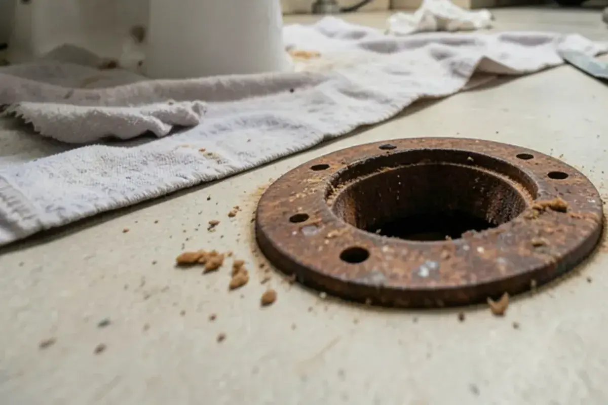 Old crushed wax ring scraped off a rusted cast iron closet flange after the toilet was pulled