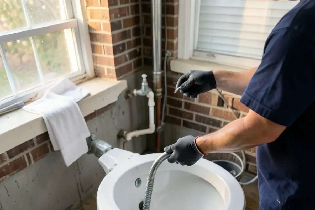 Gloved hands feeding a closet auger into a toilet bowl to clear a clog in the trap