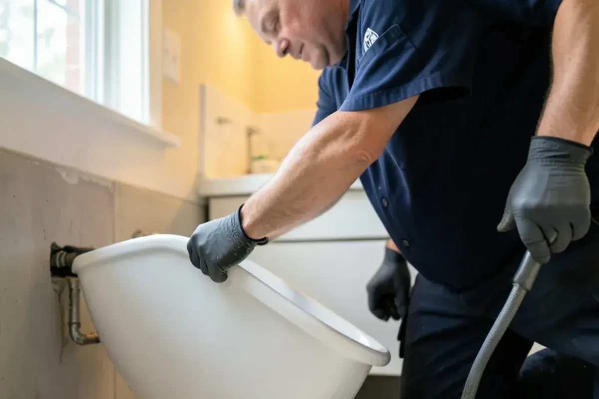 Plumber lowering a new elongated toilet onto fresh closet bolts during a toilet installation