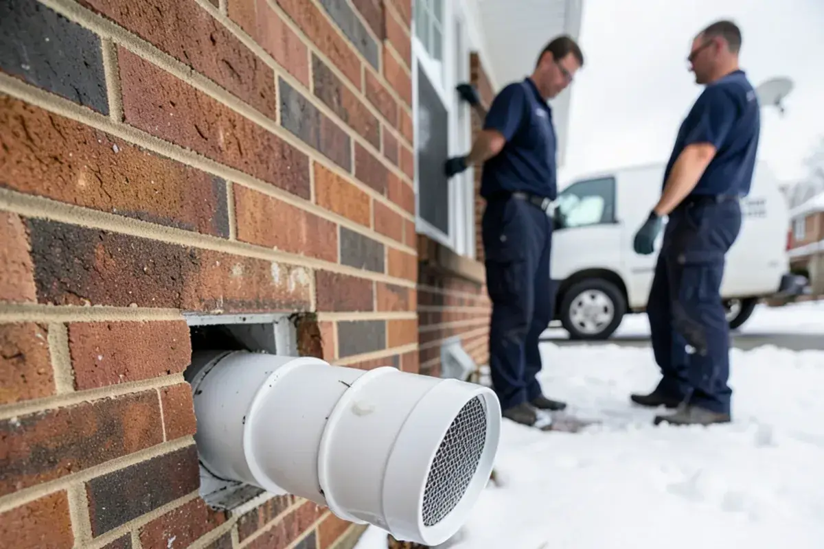 White PVC power-vent pipe from a water heater exiting the side of a brick house above the snow line