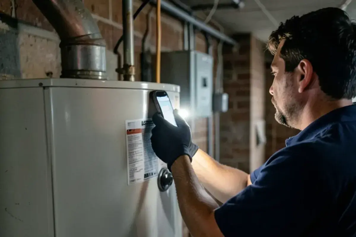 Plumber photographing the rating plate on an old water heater with a phone to record its size and input