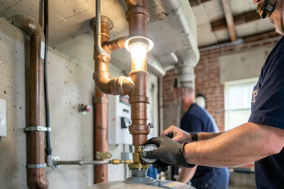 Gray thermal expansion tank mounted on the cold water supply above a new water heater