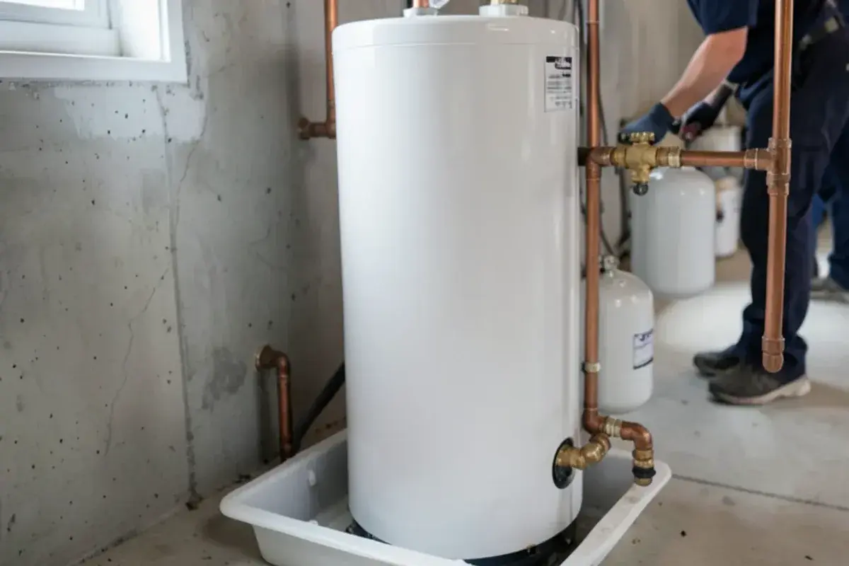The same basement corner after a new water heater install with a drain pan, new valves and a relief discharge pipe