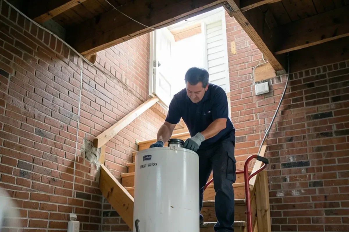 Old water heater strapped to a hand truck at the bottom of basement stairs for haul-away