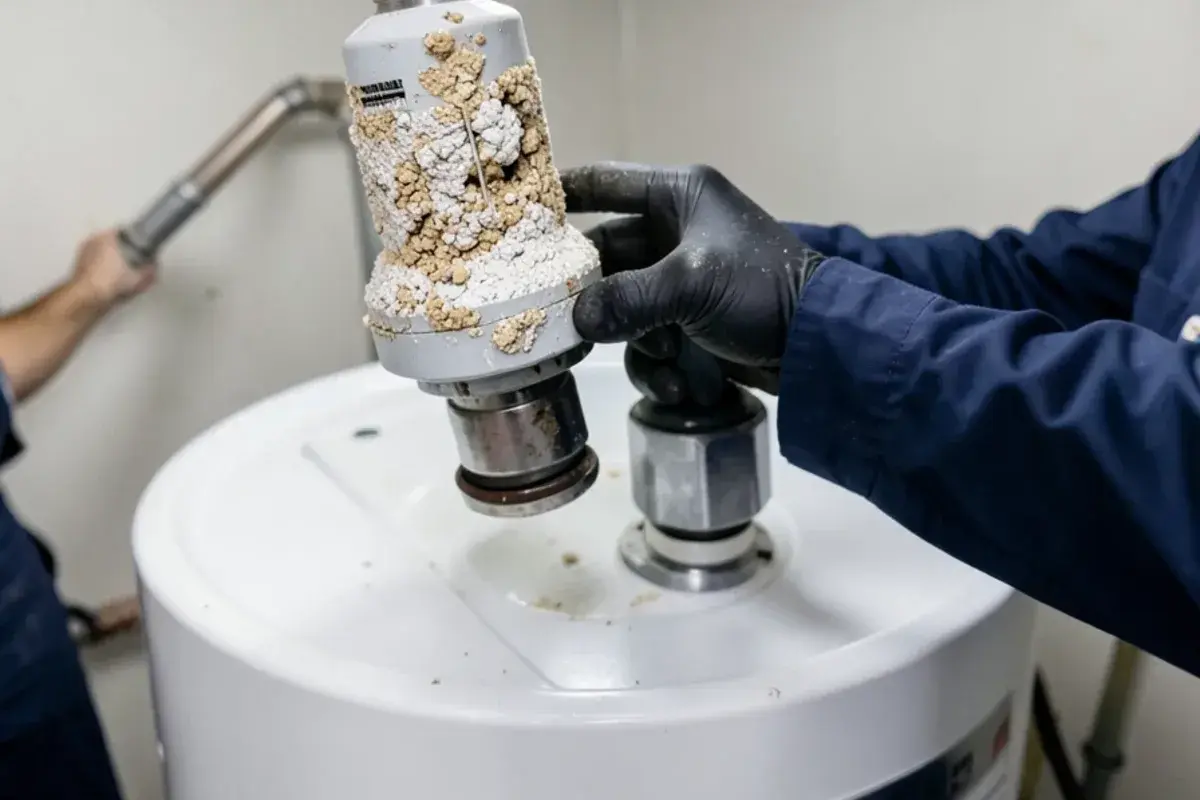 Burned-out electric water heater element crusted with white mineral scale held next to a new element