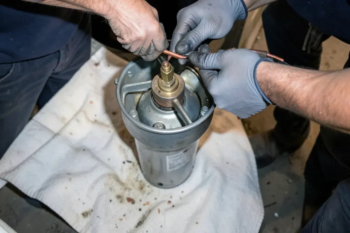 Hands fitting a new thermocouple to the pilot bracket of a gas water heater burner assembly