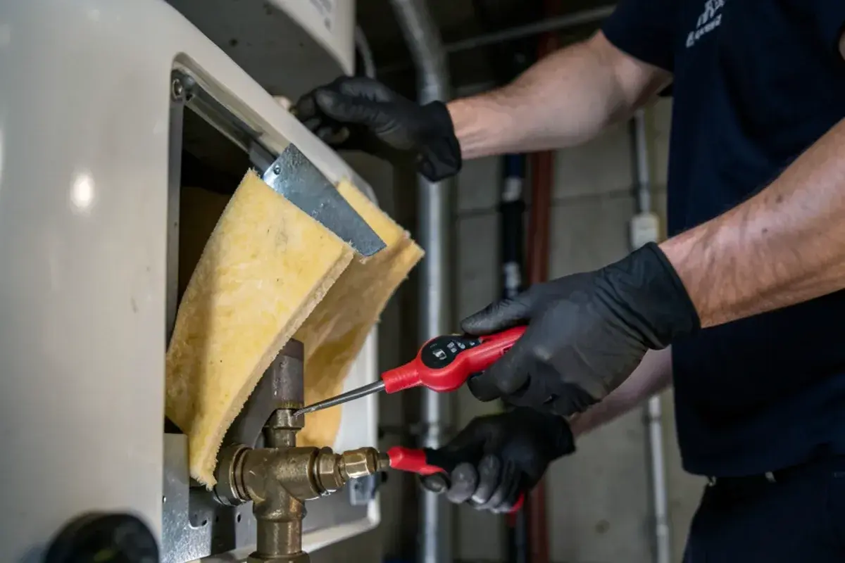 Multimeter probes touching the terminals of an electric water heater element behind an open access panel