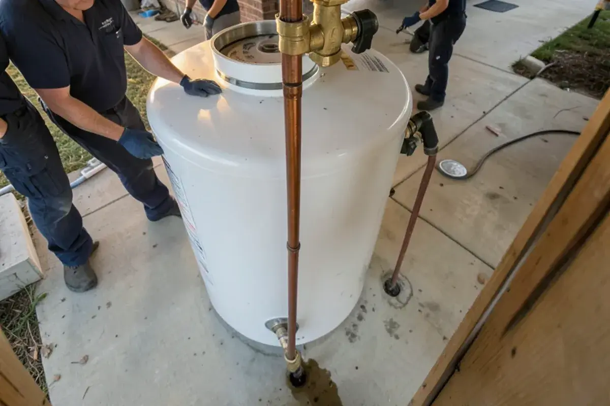 Temperature and pressure relief valve with a copper discharge pipe running down the side of a water heater tank
