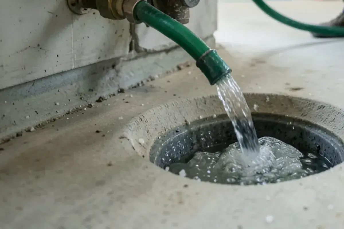 Garden hose attached to a water heater drain valve carrying cloudy water with mineral flakes to a basement floor drain