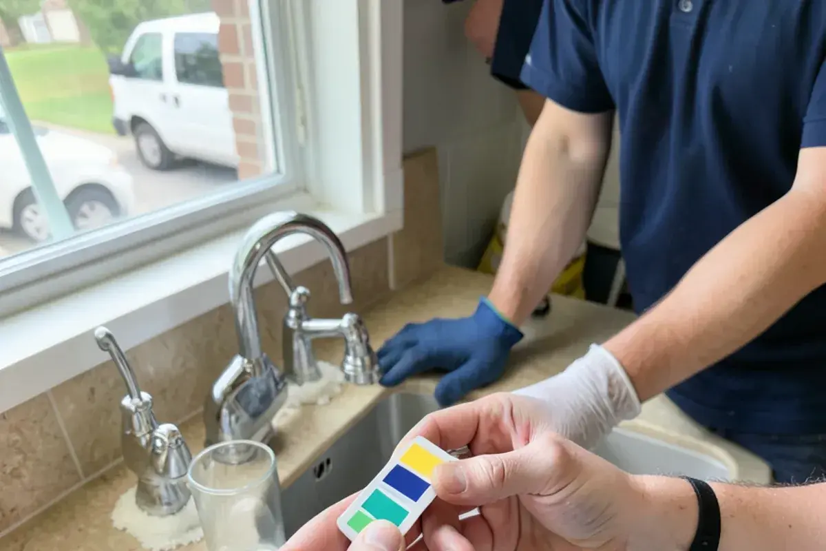 Hardness test strip with color pads held beside a kitchen faucet with white mineral crust at its base