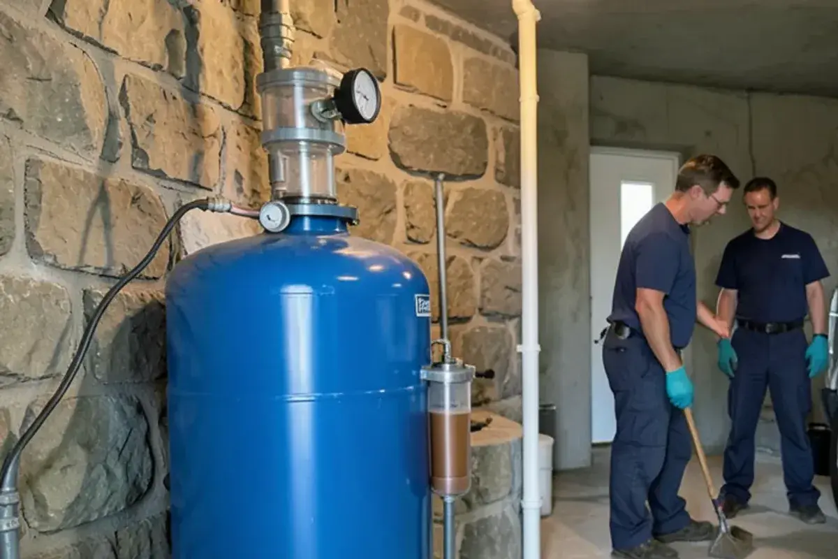 Well pressure tank, pressure switch and sediment filter housing in the basement of a rural north Macomb County farmhouse