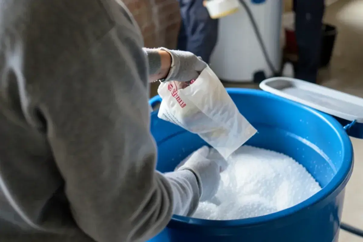 Homeowner pouring softener salt pellets from a bag into an open brine tank